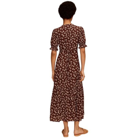 Mango MNG Brown Floral Print Midi Dress 2 Button Front Cottage Dainty Retro - Picture 2 of 9